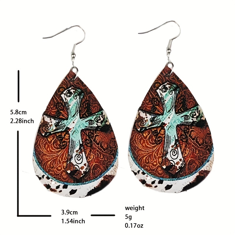 Retro Antique Style Cross PU Leather Earrings Double sided Jewelry